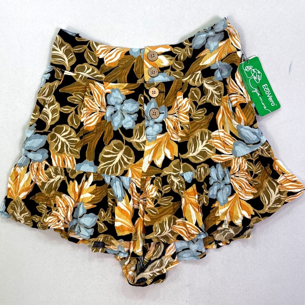 NWT - EcoVero Floral High Waisted Ruffle Shorts Gold Blue Women Small